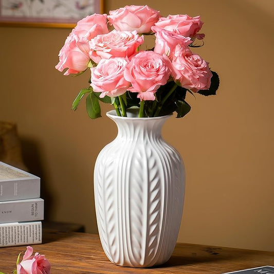 Matte White Ceramic Flower Vase, 10 Inch Unique Wheat Ear Textured Modern Large Vases for Trendy Home Decor Living Room Entryway Shelf Office Rustic Table Centerpiece (Matte White)