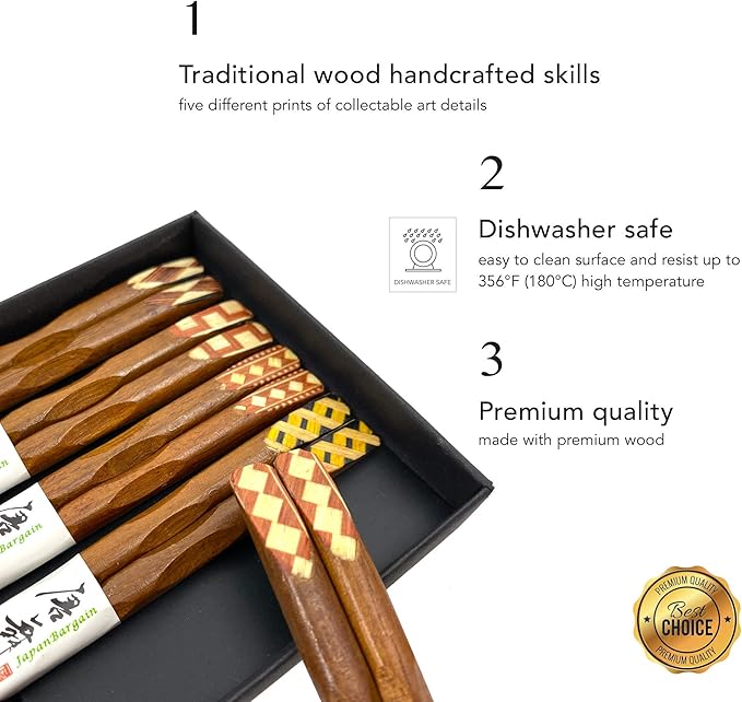 JapanBargain 4515, Ironwood Chopsticks Reusable Japanese Chinese Korean Wood Chop Sticks Hair Sticks 5 Pair Gift Boxed Set Dishwasher Safe, 9 inch, Brown, 2-Pack