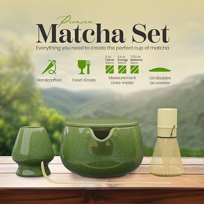 NEXTLUXE Matcha Whisk Set – Traditional Bamboo Chasen with Ceramic Bowl, Matcha Bowl and Whisk Kit - Measurement Lines, Spoon & Lid – Green