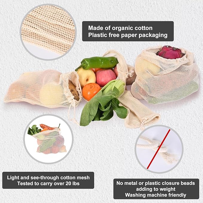 Reusable Bags Produce Bags Reusable Washable - Vegetable Bags, Grocery Bags, Cotton Mesh Bags for Farmers Market, Beach, and Refrigerator Storage Vegetables (7)