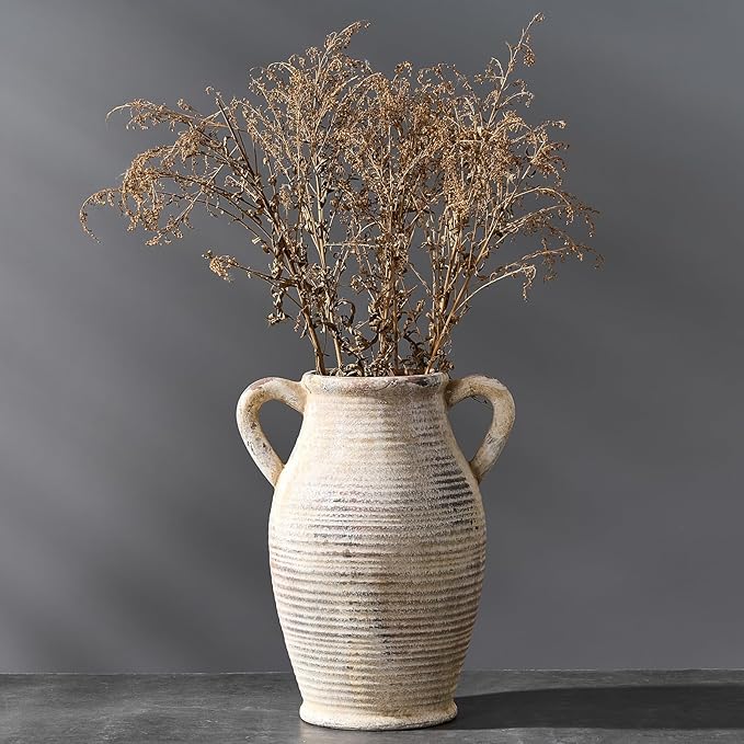 Large Ceramic Rustic Vase with 2 Handles, 9.8 inch Whitewashed Terra Cotta Decorative Pottery Flower Vase for Home Decor, Living Room, Shelf Decor, Enterway, Table Decoration, Gray