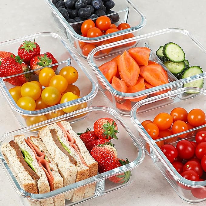 KOMUEE 30 oz 5 Pack Glass Meal Prep Containers 2 Compartments, Glass Food Storage Containers with Lids, Airtight Lunch Box, Microwave, Oven and Freezer Safe