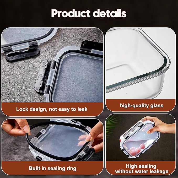 Wells Glass Meal Prep Containers, 8 Pack Glass Food Storage Containers Set with Airtight Locking Lids for Lunch, Fridge, Freezer, Dishwasher Safe, BPA-Free, Clear