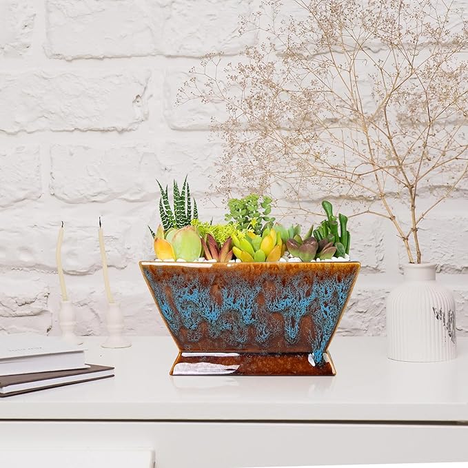 ARTKETTY Succulent Pots - 7 Inch Large Plant Pot with Drainage, Shallow Ceramic Succulent Planters for Indoor Outdoor Plants, Modern Cactus Bonsai Plant Container Decorative Home Office