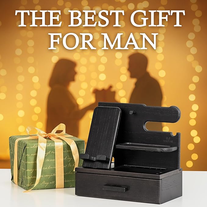 TESLYAR Wood Phone Docking Station with Drawer - Nightstand Organizer - Desk Organizer for Husband - Birthday Gifts for Men, Dad, Anniversary Idea, Key Holder Stand Watch & Accessories (Fumed Black)