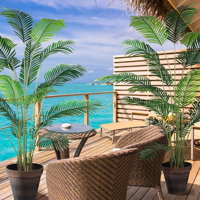 KOL 7ft 2-Pack Artificial Areca Palm Plant in Pot, Fake Tropical Cane Palm Silk Tree Indoor Outdoor, Dypsis Lutescens Plants, 82.7in Lifelike Faux Silk Plant Home Garden Decoration, Housewarming Gift