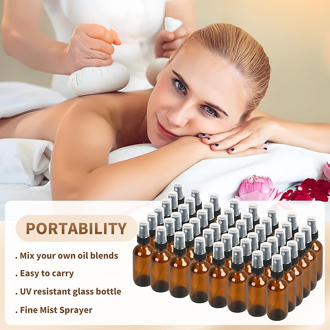 BILLIONSTARS 48 Pack 2oz Glass Boston Round Bottle with Fine Mist Sprayer - Amber - Essential Oils, Bath, Beauty, Hair & Cleaning - Leakproof Travel Bottles