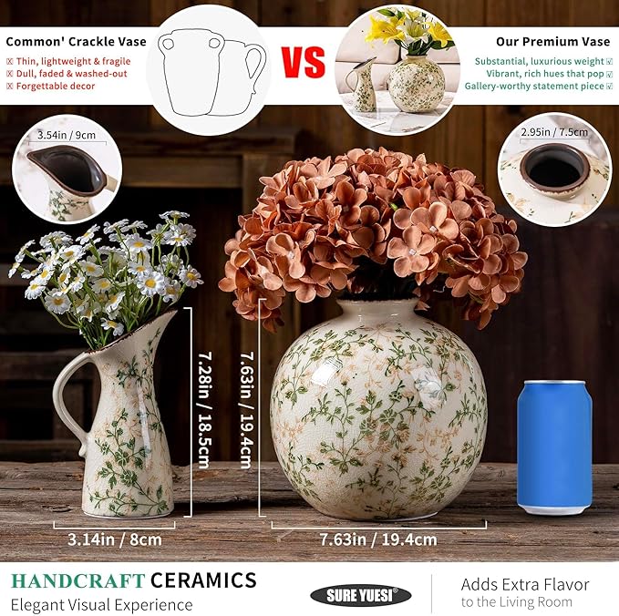 Set of 2 Vases, Green and Beige Pastoral Vintage Vase Set for Flowers, Rustic Farmhouse Decorative Vases for Home Decor, Chinoiserie Floral Vase, Living Room Table Centerpiece