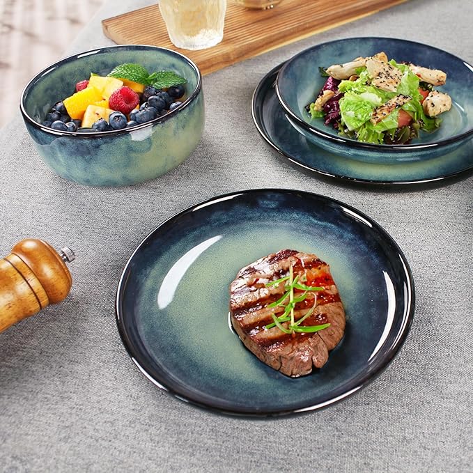Ceramic Dinnerware Set(16 pcs) Serve 4 people, Plates & Bowls Sets, Reactive Glaze Dishes Set, Chip Resistant and Scratch Resistant, Dishwasher, Microwave Safe, Suitable for dinner, party