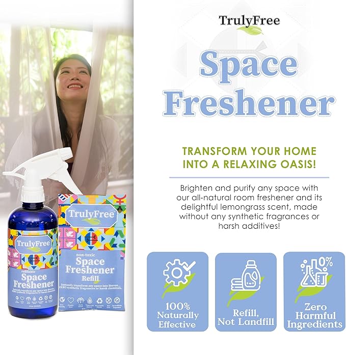 Truly Free Space Freshener Starter Kit, Lemongrass Essential Oil - Car and Air Fresheners for Home, Natural Odor Eliminator Room Spray, 16oz Spray Bottle, 1 Refill (3.4oz) No Synthetic Fragrances