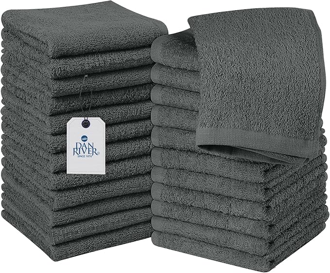 DAN RIVER 100% Cotton Wash Cloths 24 Pack [12x12] Soft & Absorbent face wash Cloth, Gym, Hotels & Spa Perfect for Everyday Use Fingertip Towels, Gray