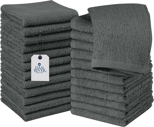 DAN RIVER 100% Cotton Wash Cloths 24 Pack [12x12] Soft & Absorbent face wash Cloth, Gym, Hotels & Spa Perfect for Everyday Use Fingertip Towels, Gray
