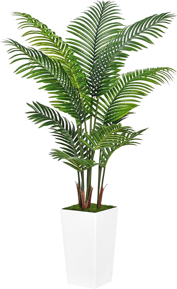 Artificial Palm Tree 5FT - Fake Tree with White Tall Planter - Faux Tropical Areca Floor Plant in Pot - Artificial Silk Plant for Home Office Living Room Decor Indoor