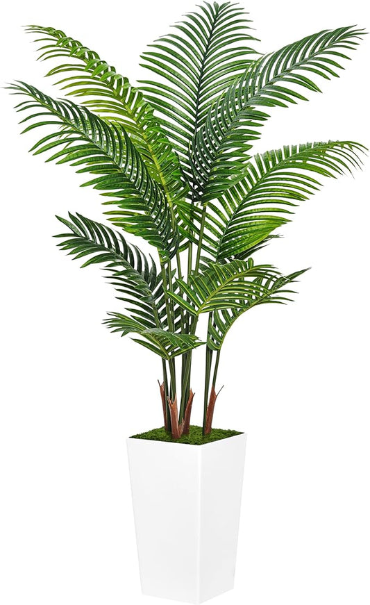 Artificial Palm Tree 5FT - Fake Tree with White Tall Planter - Faux Tropical Areca Floor Plant in Pot - Artificial Silk Plant for Home Office Living Room Decor Indoor