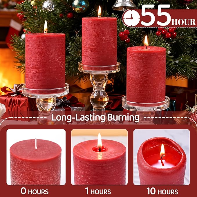 6 Pack Red Pillar Candles,Natural Soy Pillar Candles,55 H Long Lasting Burning 2.8x4in-Unscented,Dripless and Smokeless Rustic Red Hand-Poured Candles Dinner Table, for Christmas,Wedding,Home Decor
