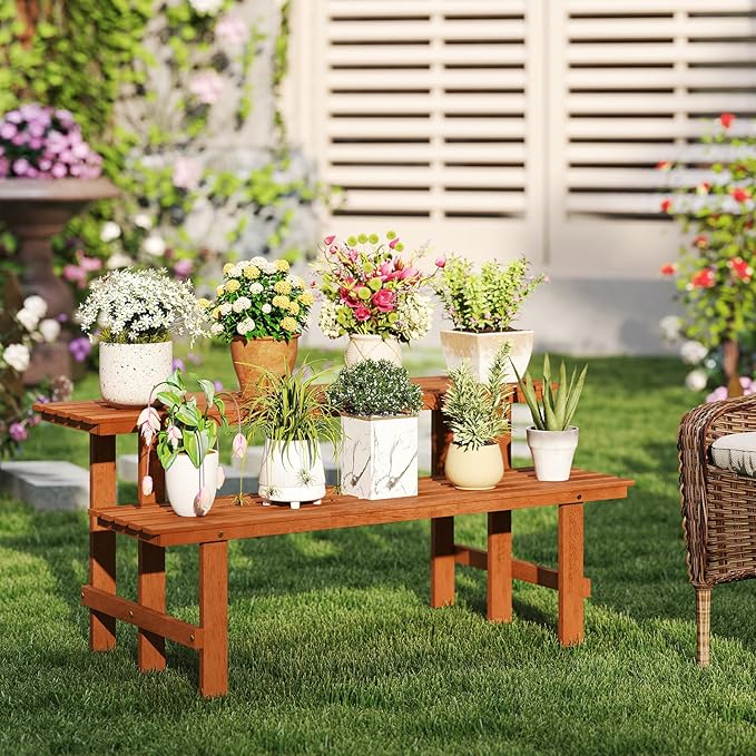 Giantex 2 Tier Wood Plant Stand, Ladder Plant Shelf for Multiple Potted Plants with Teak Oil Finish, Indoor & Outdoor Flower Pot Holder, Corner Display Rack for Balcony, Living Room, Garden