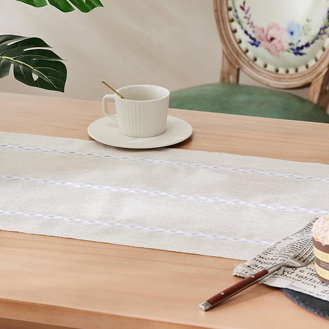 Braided Farmhouse Table Runner, Braided Beige 13x60 Inch, Cotton Linen Table Runners 60 Inches Long, Embroidered Striped Beige Boho Table Runner Rustic Home Decor