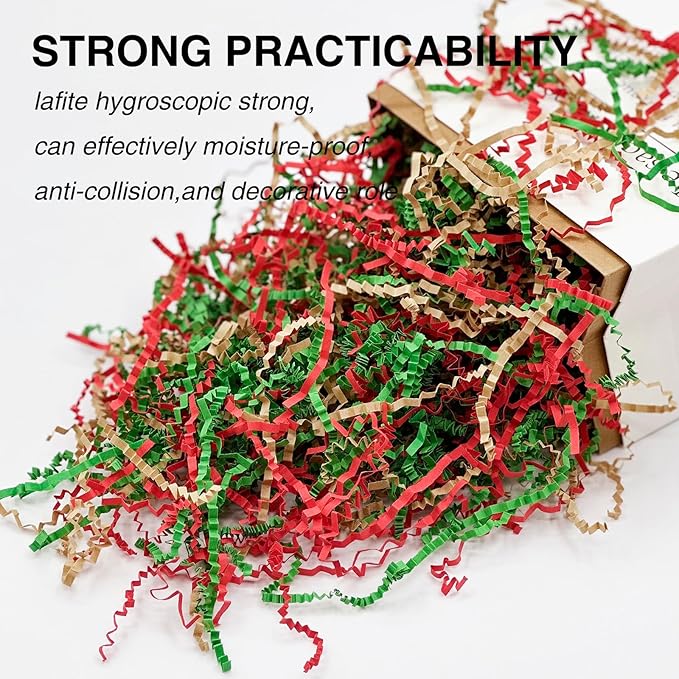 2LB Crinkle Cut Paper Shred Filler for Bag Gift Box Basket Confetti Paper Shreded Stuffing on Christmas Day Holiday(Green&Red&Kraft)