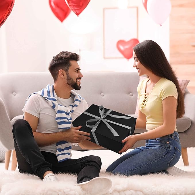 AuroWish 3 Pack Large Collapsible Gift Boxes with Magnetic Lids, 12.5 x 8.5 x 4.75 Inches, Black, Perfect for Christmas, Bridesmaid Proposal, Wedding, Birthday