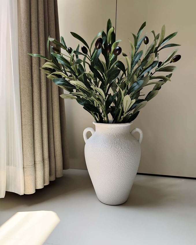 White Ceramic Pottery Barn Vase with Handles - 10" Large Decorative Terracotta Vase for Pampas Grass, Rustic Farmhouse Boho Vases for Home Decor, Living Room, Mantel, Table, Shelf