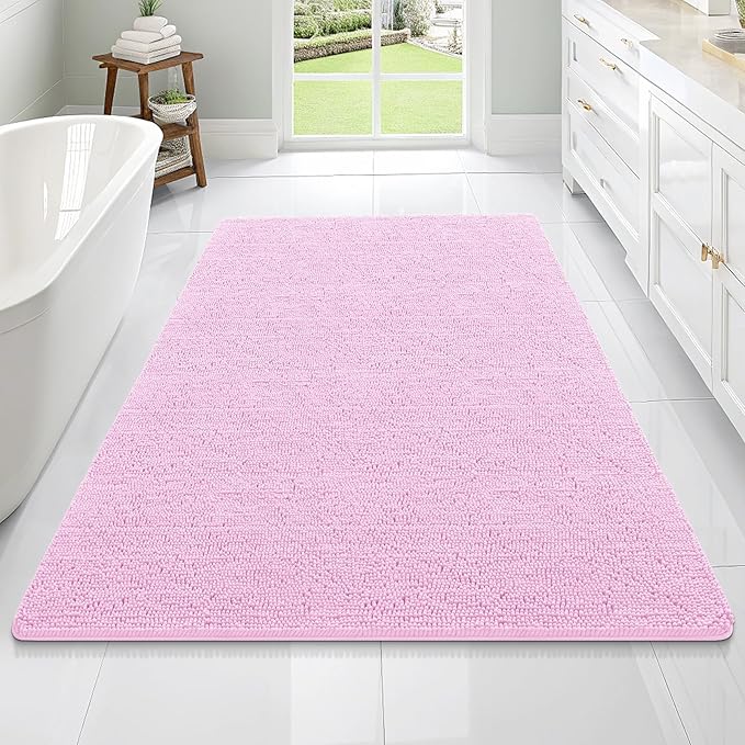 OLANLY Bathroom Rugs 70x46, Extra Soft Absorbent Chenille Bath Rugs, Rubber Backing Quick Dry, Machine Washable Bath Mats for Bathroom Floor, Tub and Shower, Home Decor Accessories, Pink