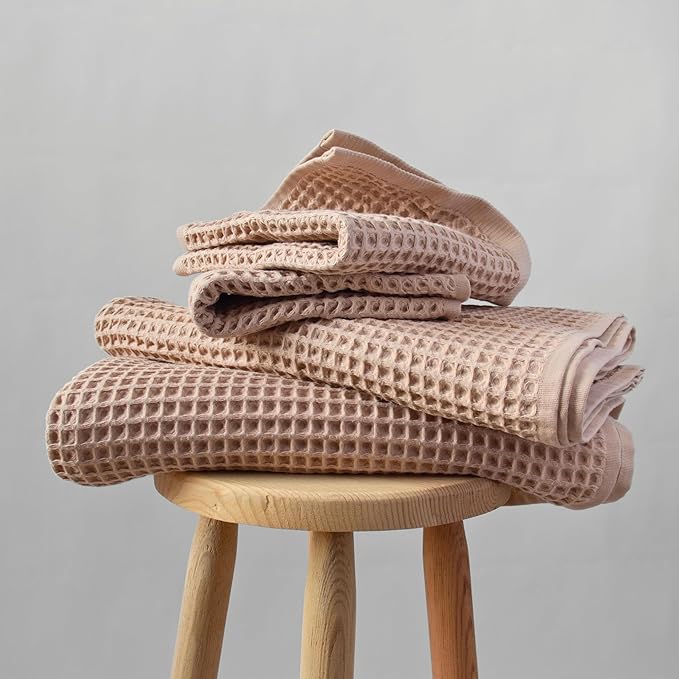 PÜSKÜL - Turkish Waffle Weave Towel Set - 100% Turkish Cotton Long-Staple Cotton, 4-Piece Bathroom Set (2 Bath, 2 Hand Towels) - Made in Turkey (Beige, Towel Set - 2 Hand & 2 Bath Towels)