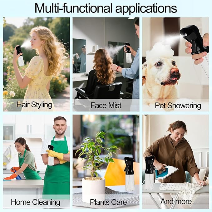 Spray Bottle for Hair Continuous Ultra Fine Mist (200ml) 360° Multi Spray Bottle for Plants, Cleaning, Skin Care Leakproof & Durable Black 1 Pack