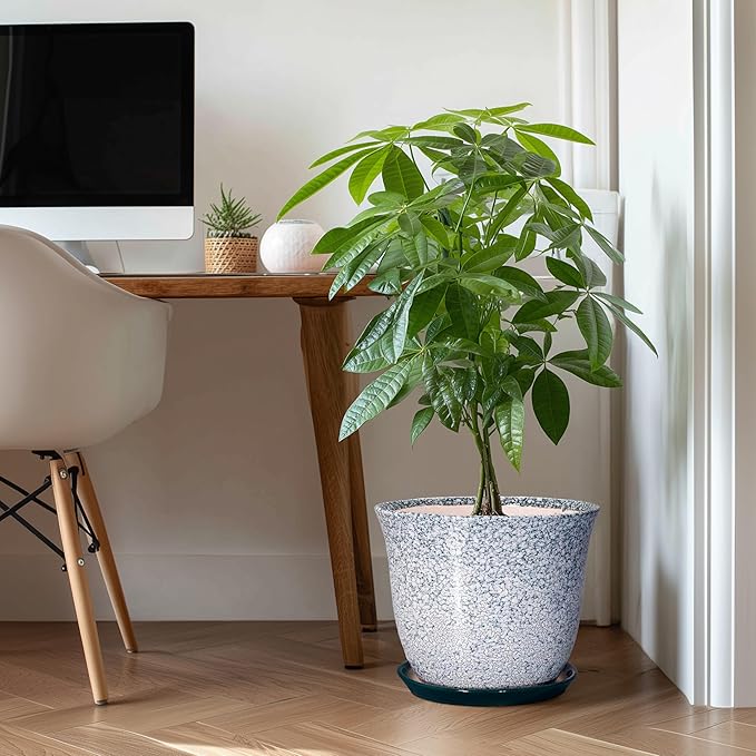 12 Inch Pot for Plants- Ceramic Planter Indoor Outdoor, Round Large Plant Pots with Drainage Hole and Saucer, Decorative Flower Pots, Modern Planter, Garden Decor, Plant Lovers Gifts, Green