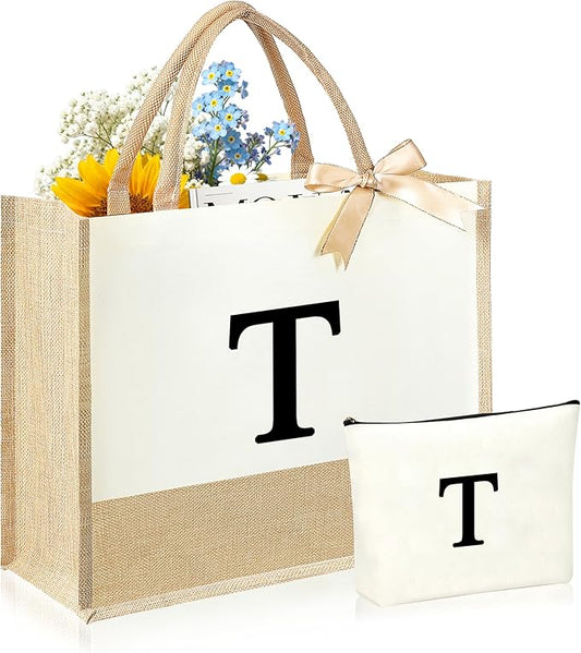 Initial Canvas Tote Bag & Makeup Bag for Women Teacher Bridesmaids，Personalized Present for Wedding, Birthday, Beach