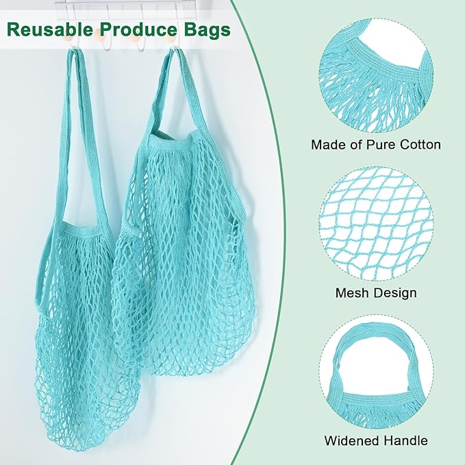 2-Pack Cotton Mesh Bag, Reusable Washable Mesh Net String Grocery Bags, Reusable Produce Bags with Handle, Net Tote Bag for Fruits Shopping [Blue-Green, Long&Short Handle]