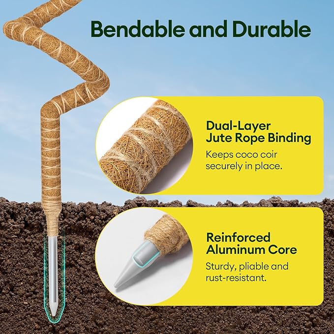 3-Pack 48” Bendable Moss Pole Monstera Plant Support for Climbing Indoors Plants, Coir Moss Poles Moss Sticks Plant Pole DIY, Plant Support Stake for Potted Plants