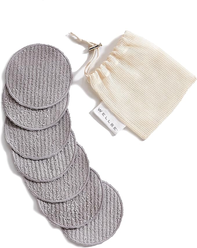 Wellbe Reusable Face Pads 7 Pc, Washable Charcoal Cotton Rounds, Grey