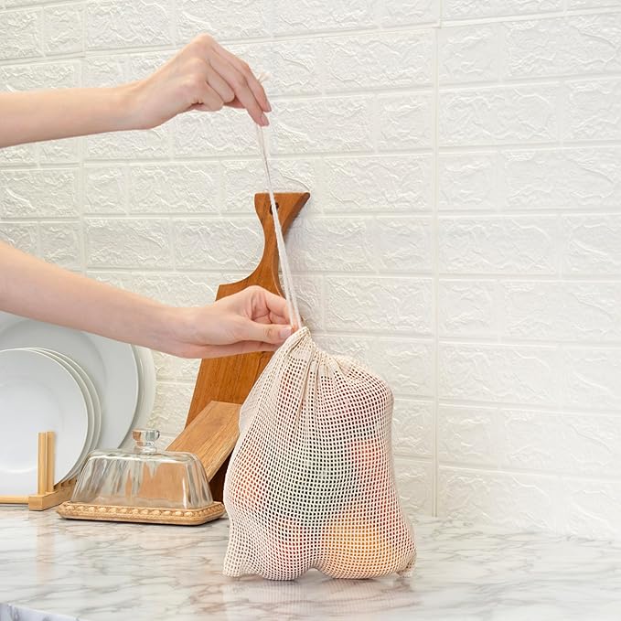 Premium Organic Reusable Mesh Produce Bags, Pack of 6(2L+2M+2S) Washable Mesh bags for Vegetables, Durable, Double Stitched Produce Bags, Machine Washable - Beige