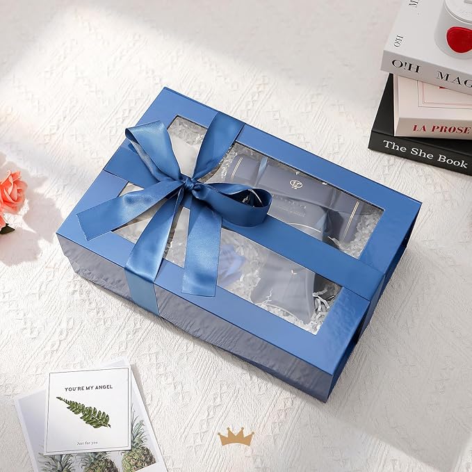 PACKQUEEN 5 Large Blue Easter Gift Boxes with Windows, 13.5x9x4.1 Inches Clear Gift Boxes for Presents Contain Ribbons, Cards, Groomsmen Proposal Boxes, Boxes with Magnetic Lids (Glossy Blue)