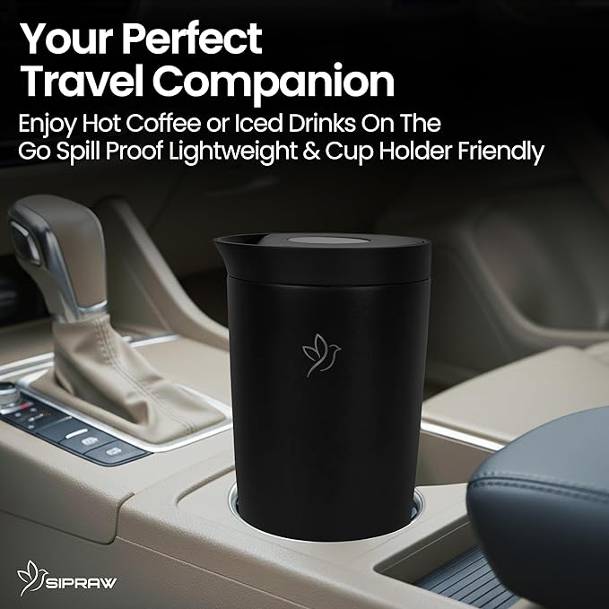 Travel Coffee Mug Tumbler, Reusable Iced Coffee Hot Coffee Cup, Double Wall Insulated Thermal Stainless Steel Material, Gift for Women Men, Perfect for Camping Travelling, 12 oz, Black