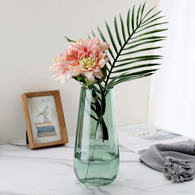 Modern Large Glass Vase H-9.8" Green Vases for Flowers, Centerpieces and Decorative Accents - Tall Plant Vase for Office Home Table Decor