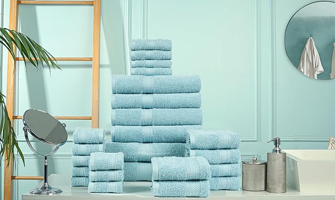 HILLFAIR 24 Piece Bath Towels Set for Bathroom- 100% Cotton 24 PC Bulk Pack Hotel Spa Towel Set- 2 XXL Oversized Big Towels, 4 Bath Towels, 6 Hand Towels, 4 Fingertip Towels, 8 Washcloths: Ocean Blue