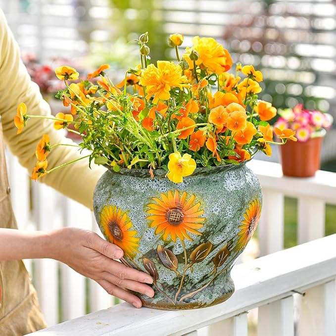 Sungmor Ceramic Hand Painted Succulent Flower Pots, 9 Inch Large Pottery Pots for Indoor Outdoor Plants, Decorative Ceramic Vase for Flower Arrangement Home Decor, Vintage Centerpieces Flowerpot