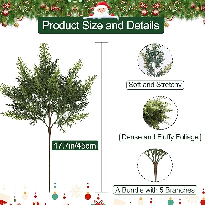 12Pcs 18" Real Touch Christmas Cedar Branches Artificial Realistic Christmas Greenery Pine Branches Faux Greenery Plants Stem for Vase DIY Crafts Garland Wreath Indoor Outdoor Home Decor