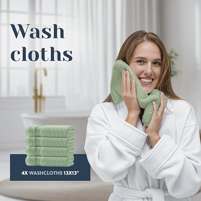 White Classic Luxury Bath Towel Set of 8 Pieces - 100% Turkish Cotton Highly Absorbent Towels for Bathroom, 2 Luxury Bath Towels 700GSM, 2 Hand Towels, 4 Washcloths, Green