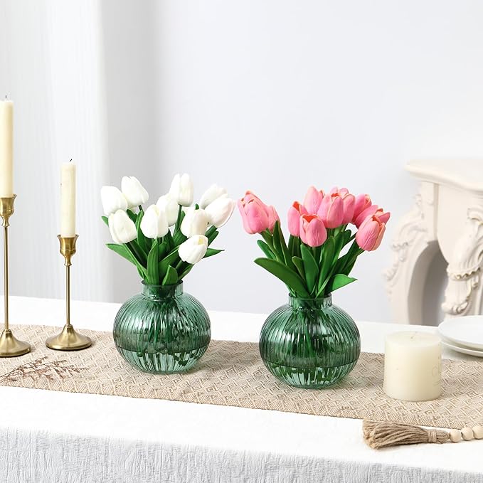 Round Glass Vases, Set of 2 Small Vases for Flowers, Green Glass Vase for Tulips, Modern Vase for Living Room, Office, Coffee Table, Shelf, Wedding, 5 Inches