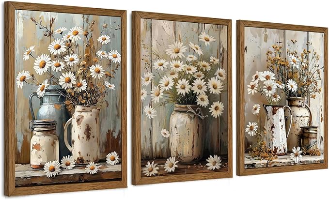 InspiredHues 3 Piece Elegant Farmhouse Canvas Wall Art, Vintage Floral Pictures Wall Decor, Nature Themed Daisy Artwork Prints for Living Room Bedroom Kitchen Home Decoration 16x24 Inch Wood Framed