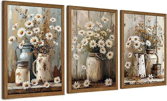 InspiredHues 3 Piece Elegant Farmhouse Canvas Wall Art, Vintage Floral Pictures Wall Decor, Nature Themed Daisy Artwork Prints for Living Room Bedroom Kitchen Home Decoration 12x16 Inch Wood Framed