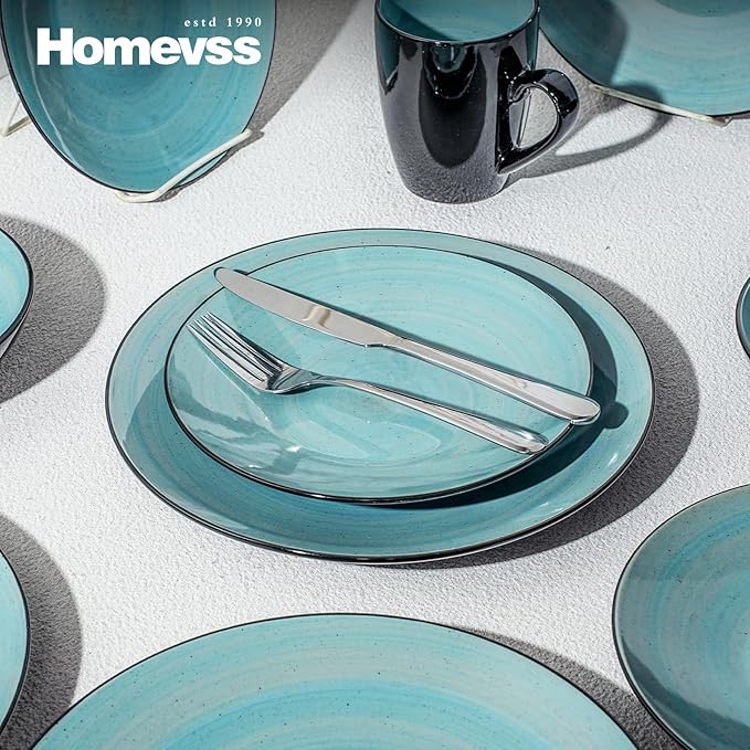 Sonoma 16 Piece Stoneware Dinner Set, Outside Black + Inside Handpainted Color Turquoise with speckle