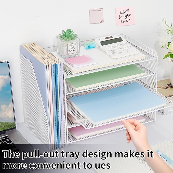 OPNICE 5-Tier Paper Organizer with Magazine Holder, Desk Organizers and Accessories, Office Desk Accessories & Workspace Organizers, Desktop File Organizer for Office Supplies Storage, White