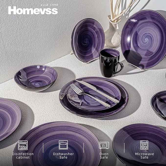 Sonoma 16-Piece Dinnerware Set - Serves 4, Black and Speckled Purple Plates & Bowls Set | Microwave & Dishwasher Safe, Spinwash Purple