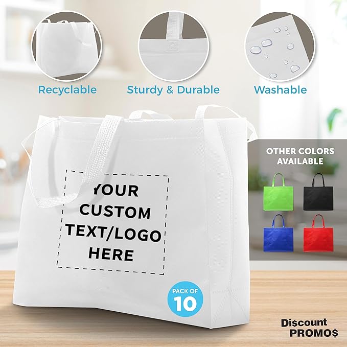 DISCOUNT PROMOS Custom Jumbo Sized Tote Bags Set of 10, Personalized Bulk Pack - Reusable Grocery Bags, Shopping Bags, Promotional Item Totes for Women - White