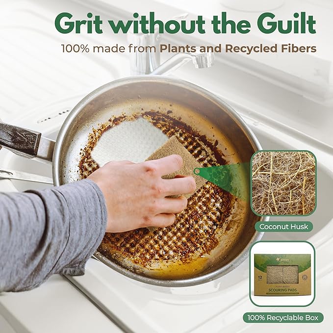 Plant Based Scouring Pads - Pack of 12 Coconut Husk Non Scratch Scrubbing Pads for Dishes - Multipurpose Dish Scrubbers for Cleaning - Heavy Duty Kitchen Scrub Pads for Dishes, Pots and Pans