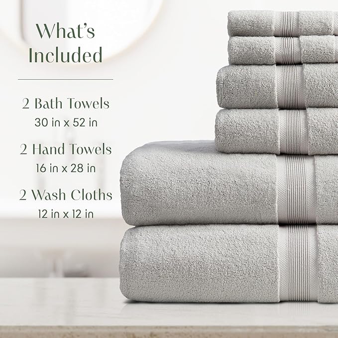 Springtree Home Luxury Bamboo Rayon Bath Towel Set 6 Piece Set | 35% Bamboo Rayon - 65% Cotton | Absorbent Quick-Dry Towels for Bathroom | Oeko-TEX Standard 100 Cotton | Grey