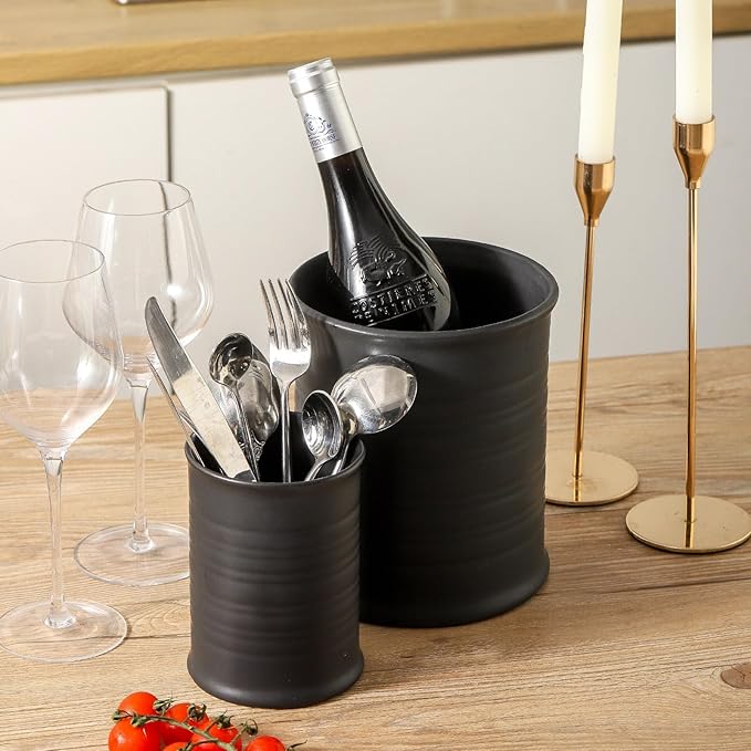 Nihow Utensil Holder: 7.2"+6.4" Ceramic Kitchen Utensil Holder for Countertop, Large Cooking Utensil Crocks for Kitchen Counter, Morden Utensil Organizer for Spatula, Set of 2, Elegant Matte Black